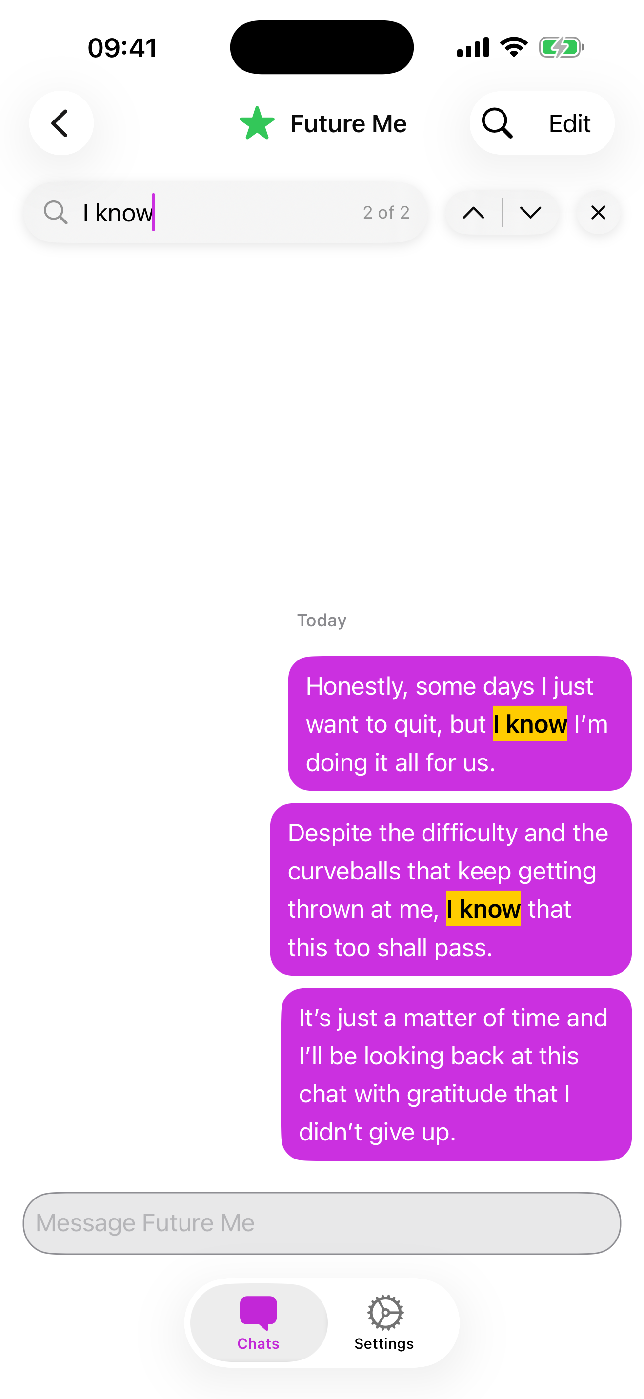 In-chat search for finding specific thoughts and reflections