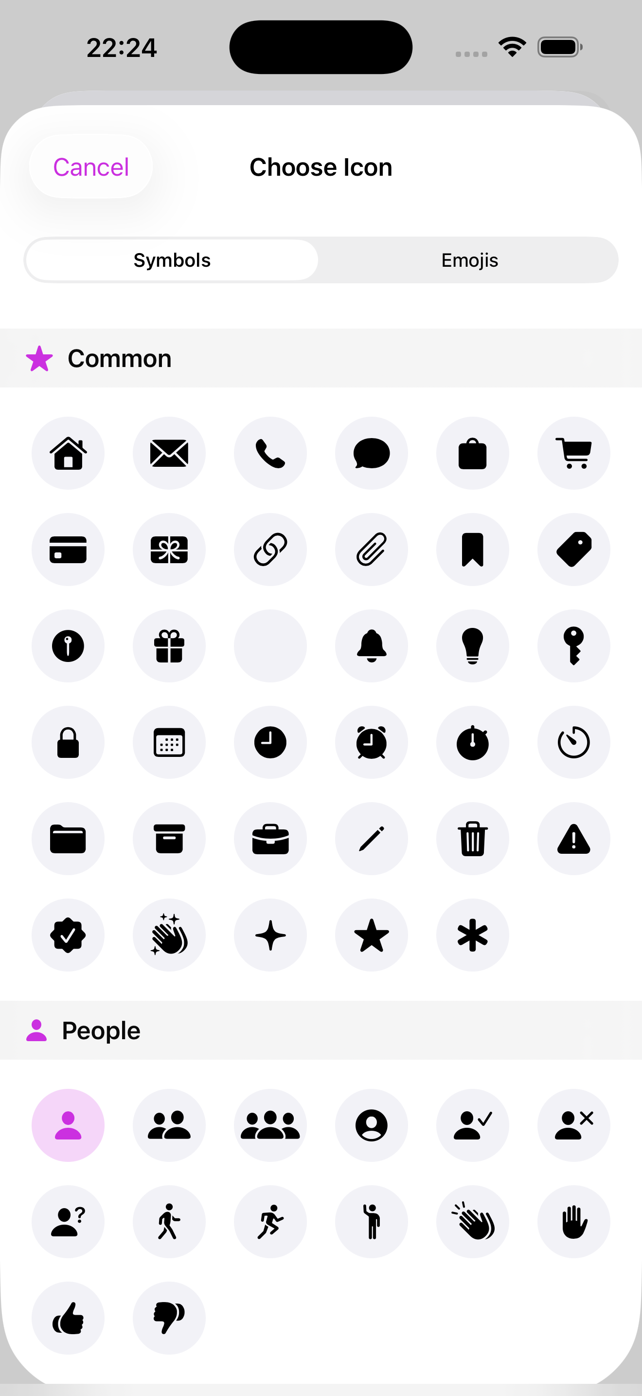 Symbol and icon picker for customizing contact categories